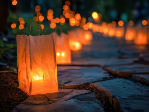 Illuminated paper lantern bags glowing along a stone pathway at dusk creating a warm and inviting ambiance with blurred lights in the background for festive decorati