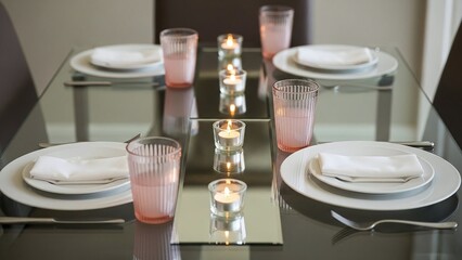 Elegant dinner table setting, creating warm atmosphere with soft natural light, warm color palette,...