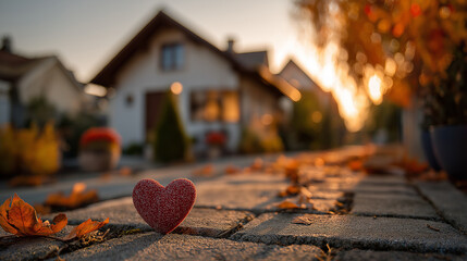 A vibrant heart decoration rests on cobblestone, surrounded by autumn leaves, with a warm sunset illuminating a cozy home in the background.