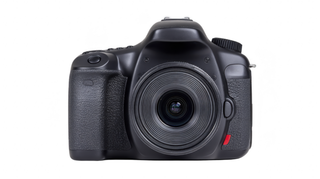 Digital camera black isolated front view professional photography lens technology equipment modern design. high quality digital camera with textured grip and large lens perfect for capturing sharp - Powered by Adobe