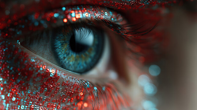 Binary code background with human eye and flowing light strands resembling optical fibers