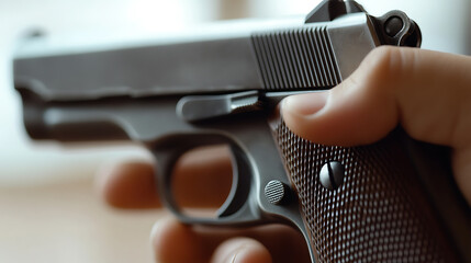 A close-up shot displays a silver firearm held by a human hand, set against a light, blurred backdrop, emphasizing detail and texture of the weapon and its grip.
