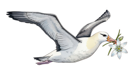 Obraz premium Watercolor Albatross Flying with Flower Illustration