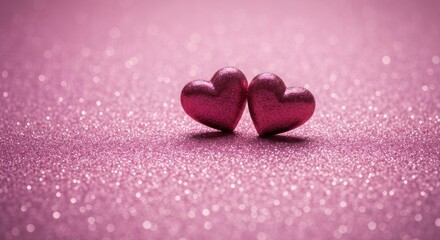Two glittery red hearts sit against a sparkling pink background