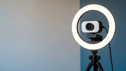 Webcam Ring Light: A modern webcam setup, featuring a bright ring light, poised on a tripod, casting a soft, professional glow. Ideal for video calls and content creation.