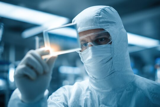 photonics engineer testing illuminated chip fragment with precision tweezers, bright point light reveals photonic structures and waveguide patterns, full cleanroom attire and focused expression,