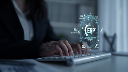 ERP platform visual showing centralized system for enterprise resource planning, improving integration, data flow, business efficiency, finance, inventory, and human resources. Spline