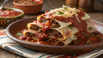 Delicious beef enchiladas with melted cheese and fresh herbs on plate