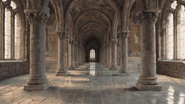 Gothic Cloister Arches and Columns Interior.