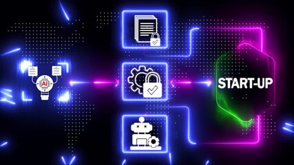 Digital startup network with interconnected icons data digital display electronics futuristic hi-tech hologram icon global network map global neon line particle motion graphics HD videos. - Powered by Adobe