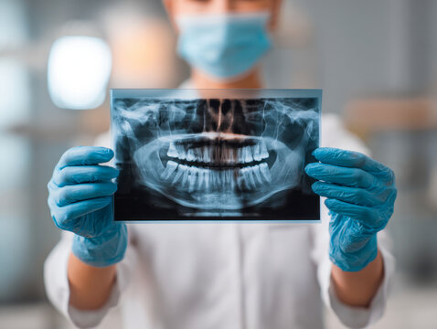 Dentist or medical professional wearing gloves and protective mask holding a dental panoramic X-ray film showing teeth and jaw structure against blurred clinic backg