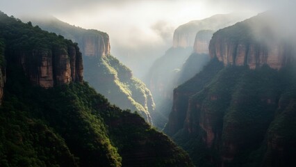 Dramatic light illuminates the verdant depths of a towering canyon, revealing a majestic and tranquil natural landscape shrouded in morning mist