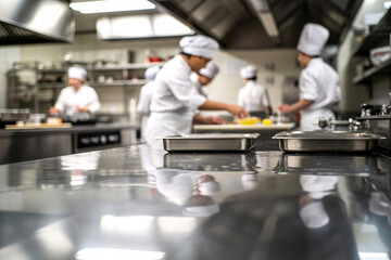 Team of professional chefs preparing dishes in a modern restaurant kitchen with stainless steel counter