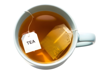 A cup of tea with a tea bag steeping in the liquid isolated on transparent background