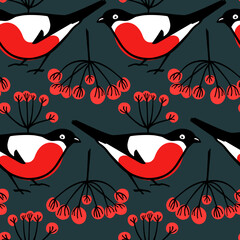 Vector seamless pattern with hand drawn cute bullfinches and rowan berry twigs made with ink. Beautiful northern wildlife design elements. Perfect for holidays season prints and patterns