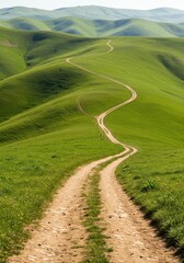 Fototapeta premium A scenic, winding dirt track cuts through green hills under a bright sky, promising adventure and escape from routine life, destination, environment, journey