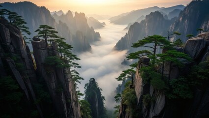 Golden sunrise illuminates majestic mountain peaks, where resilient pine trees cling to dramatic rocky cliffs, piercing a tranquil sea of clouds, creating a breathtaking natural vista