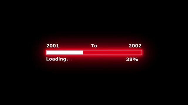 Loading 100 percent complete progress bar digital interface technology modern design white color animation. New year 2001 to 2002 loading bar animation. Neon bright rectangle frame black background.