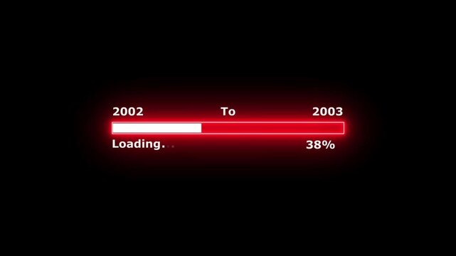 Loading 100 percent complete progress bar digital interface technology modern design white color animation. New year 2002 to 2003 loading bar animation. Neon bright rectangle frame black background.