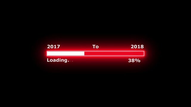 Loading 100 percent complete progress bar digital interface technology modern design white color animation. New year 2017 to 2018 loading bar animation. Neon bright rectangle frame black background.