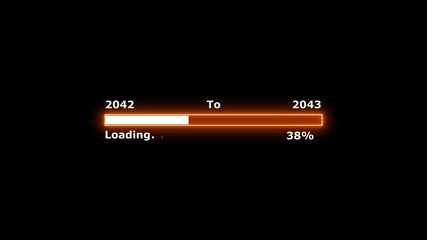 Loading 100 percent complete progress bar digital interface technology modern design white color animation. New year 2042 to 2043 loading bar animation. Neon bright rectangle frame black background.