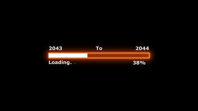 Loading 100 percent complete progress bar digital interface technology modern design white color animation. New year 2043 to 2044 loading bar animation. Neon bright rectangle frame black background.