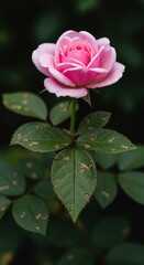 Fototapeta premium Delicate pink rose contrasting with distressed foliage. Signs of aphid damage and leaf miners visible on garden plant ,insect, unhealthy, nature