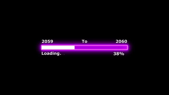 Loading 100 percent complete progress bar digital interface technology modern design white color animation. New year 2059 to 2060 loading bar animation. Neon bright rectangle frame black background.