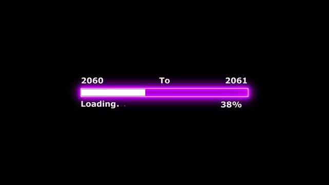 Loading 100 percent complete progress bar digital interface technology modern design white color animation. New year 2060 to 2061 loading bar animation. Neon bright rectangle frame black background.