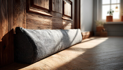 gray draft stopper blocking cold air under interior door in cozy home setting