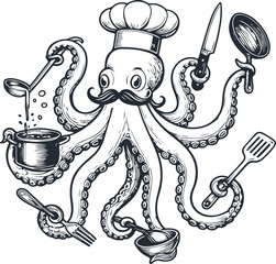 Whimsical octopus chef holding an array of kitchen utensils in its tentacles, detailed hand-drawn engraving style, vector illustration, vintage culinary concept, intricate line art. © Dmytro