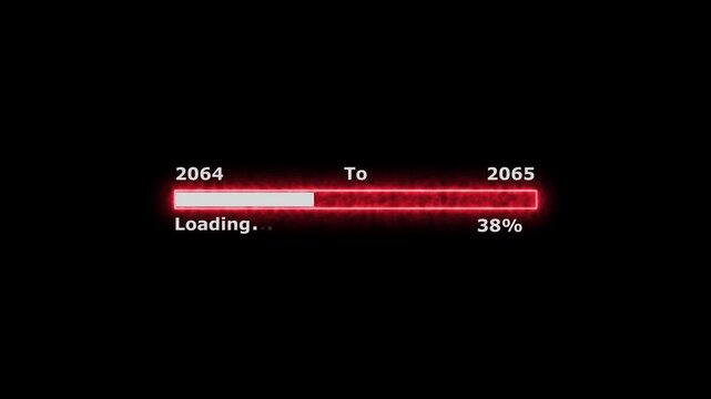 Loading 100 percent complete progress bar digital interface technology modern design white color animation. New year 2064 to 2065 loading bar animation. Neon bright rectangle frame black background.