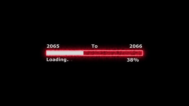 Loading 100 percent complete progress bar digital interface technology modern design white color animation. New year 2065 to 2066 loading bar animation. Neon bright rectangle frame black background.