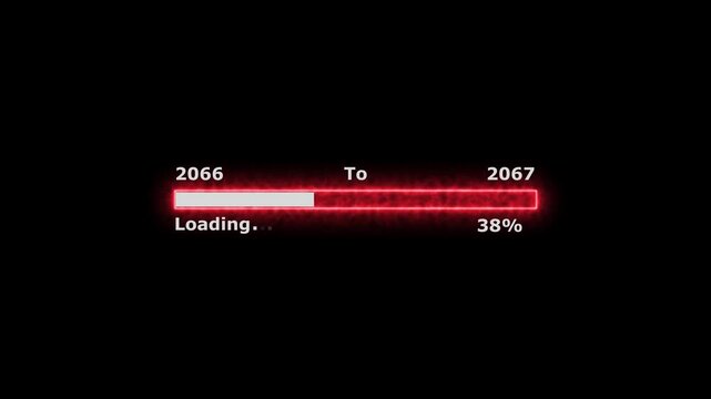 Loading 100 percent complete progress bar digital interface technology modern design white color animation. New year 2066 to 2067 loading bar animation. Neon bright rectangle frame black background.