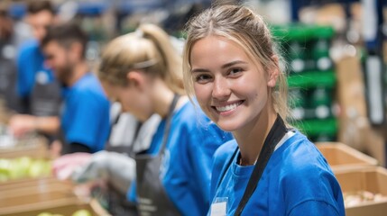 Volunteer team packing food boxes at community center for charity event