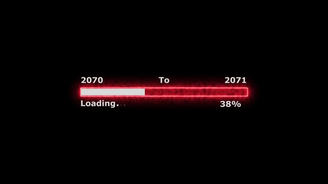 Loading 100 percent complete progress bar digital interface technology modern design white color animation. New year 2070 to 2071 loading bar animation. Neon bright rectangle frame black background.