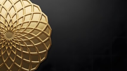 Obraz premium A golden circular islamic geometric pattern covers left side of a dark background offering elegant ornamental space