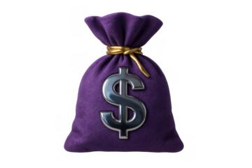 Purple money bag presenting dollar sign, symbolizing financial success, rich savings, and payment wealth on transparent background