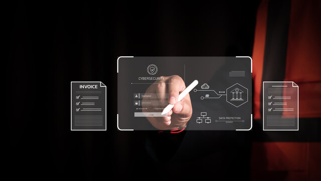 Construction engineer checking digital invoice on virtual screen interface. Electronic billing system for smart industry finance management and new paperless document workflow. - Powered by Adobe