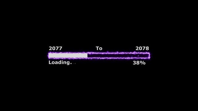 Loading 100 percent complete progress bar digital interface technology modern design white color animation. New year 2077 to 2078 loading bar animation. Neon bright rectangle frame black background.