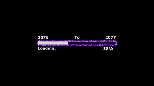 Loading 100 percent complete progress bar digital interface technology modern design white color animation. New year 2076 to 2077 loading bar animation. Neon bright rectangle frame black background.