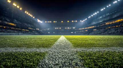 Illuminated empty sports stadium focusing on the center field line under bright floodlights during nighttime match preparation with blurred audience stands in backgr