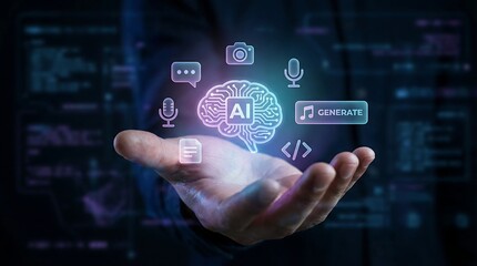 Fototapeta premium A futuristic representation of AI technology with a glowing brain and icons, symbolizing innovation and digital progress. Ideal for business, technology, and innovation-related projects