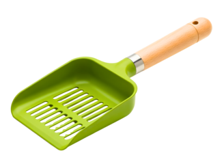 Green plastic scoop with wooden handle for gardening or household chores isolated on transparent background