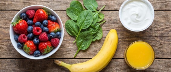 Assortment of fresh smoothie ingredients including mixed berries spinach banana yogurt and orange juice arranged on a rustic wooden table for a healthy breakfast