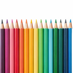 Fototapeta premium Vibrant, sharpened, wooden-cased colored pencils arranged in a full-spectrum rainbow order, displaying their pointed graphite cores and smooth, painted, isolated on transparent background.