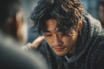 Teenager sitting with head in hands being comforted by young Asian man during group therapy session, supportive gesture showing empathy and emotional support