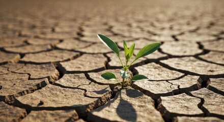 A vibrant seedling pushing through cracked, arid earth in close-up