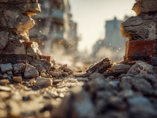 Fototapeta premium Dusty rubble and broken bricks scattered on the ground through a gap in a collapsed stone wall with blurred urban buildings in the background during daylight