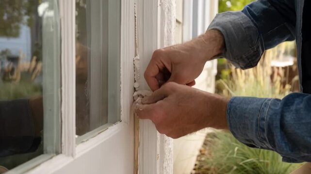 Medium shot of a homeowner sealing gaps and cracks around a door with weatherstripping to exclude spiders from the interior.